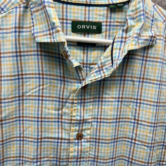 Orvis Shirt Men Large Adult White Yellow Blue Button Down Preppy Cotton Check - Picture 9 of 12